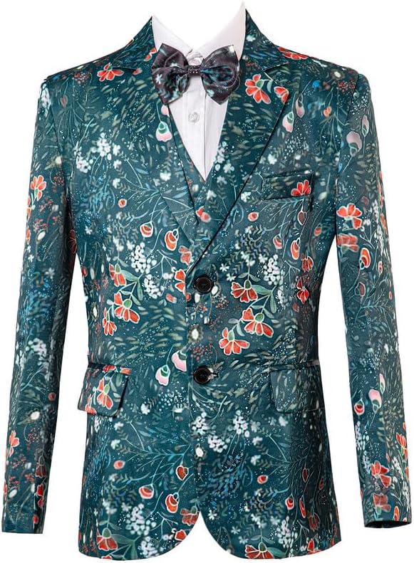 Boy's Green Floral Blazer with 2 Button Bow Tie Flap Pockets Stylish Party Wedding Suit Jacket