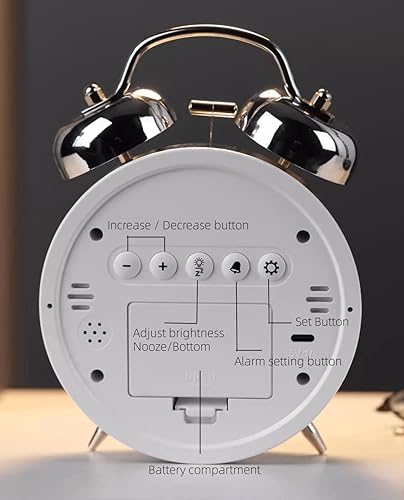 Miniatura 6 de Pequeño reloj despertador electrónico LED de doble campana, reloj despertador de metal ruidoso para dormir pesado, reloj despertador digital para