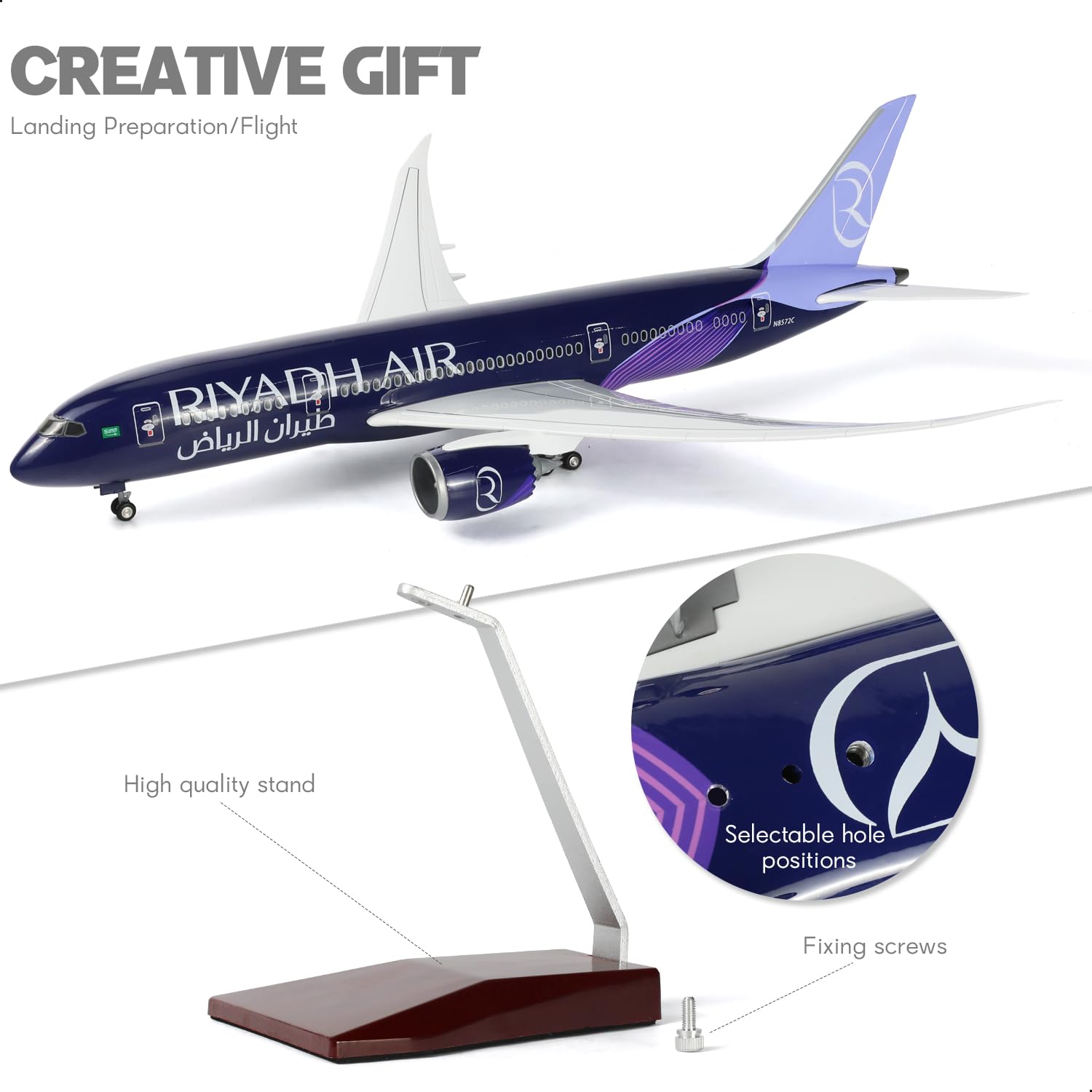 QIYUMOKE 1/130 Riyadh 787 Modello di aereo con supporto (lunghezza 43 cm) per Boeing 787, modello di aereo in resina per adulti, regalo souvenir per appassionati di aviazione