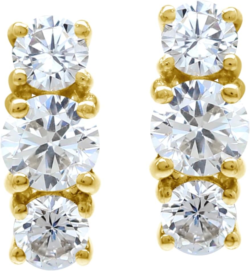 Silvershake Vertical 3-Stone Round Shape Gemstone White Gold Plated or Yellow Gold Plated 925 Sterling Silver Stud Post Earrings Jewelry for Women