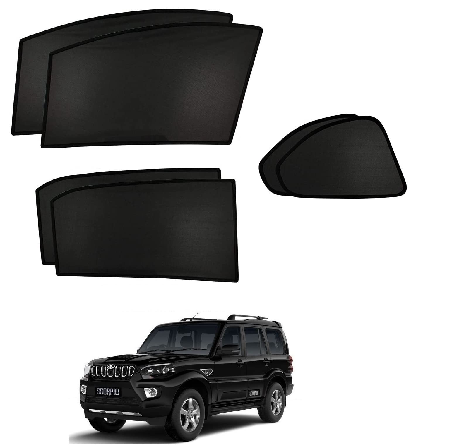 Auto Addict Fix Car Window Sunshades (Side Windows,Non Magnetic) Set of 6 Pcs Black for Mahindra Scorpio Type-2(2015-2022)/Classic-image-28