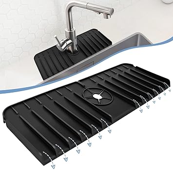 COOLCOLD Bathroom Faucet Sink Splash Guard, Silicone Faucet Handle Drip Catcher Tray, Faucet Water Catcher Mat for Kitchen, Kitchen Countertop Protect (Pack of 1) (Black, 12.5 x 36.5 cm)