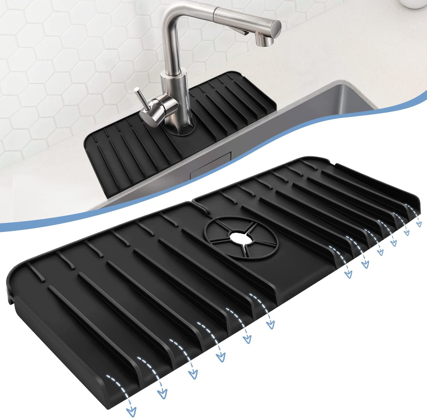 COOLCOLD Kitchen Faucet Sink Splash Guard, Silicone Faucet Handle Drip Catcher Tray, Faucet Water Catcher Mat for Kitchen, Bathroom Countertop Protect (Pack of 1) (Black, 12.5 x 36.5 cm)