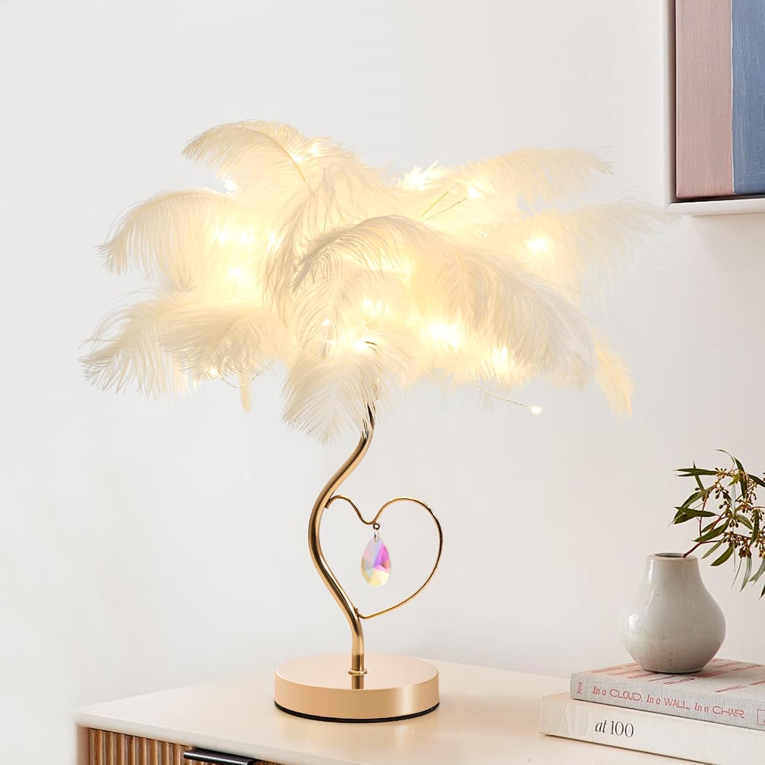 ZYLEISENBAO White Ostrich Feather Lamp Princess Bedside Lamp Romantic Feather Table Lamp Nightstand Light for Girl Bedroom Wedding Decor Valentine Dating Living Room Hotel Office image 4
