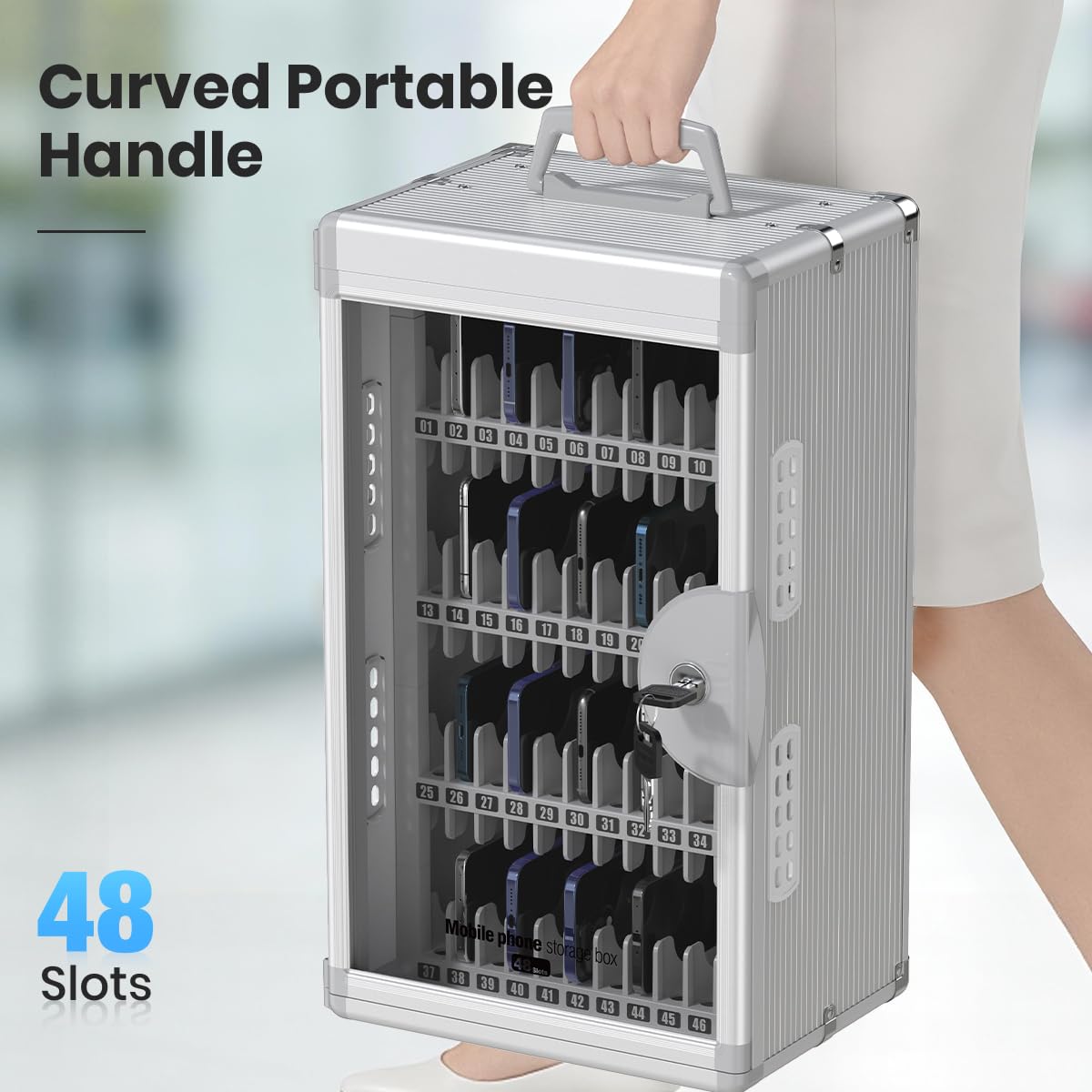 Glosen Casier pour Téléphones 48 Emplacements avec Serrure à Clé et Ports Recharge Type-C, Fixation Murale, Argenté