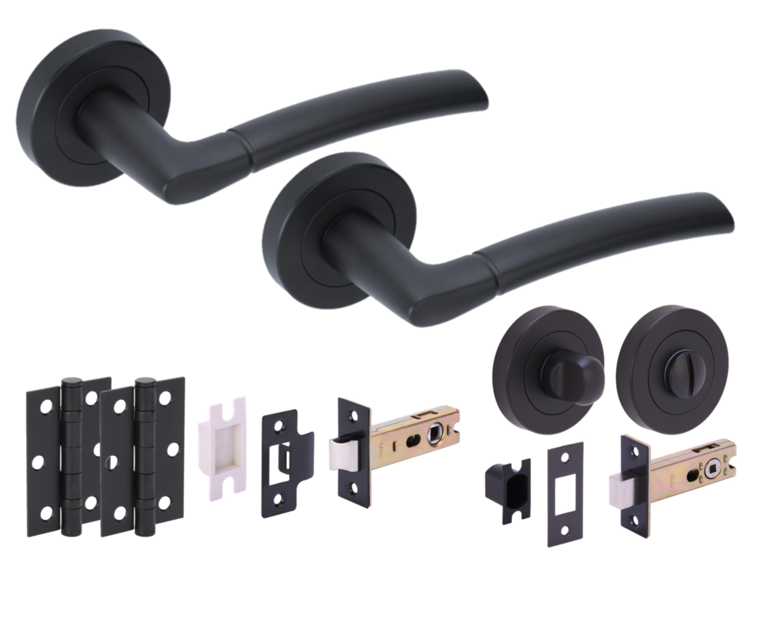 Hunta HANDLEZONE® Neemo Door Handles on Rose Bathroom Deadbolt Pack with Ball Bearing Hinges - Black Matt — image 1