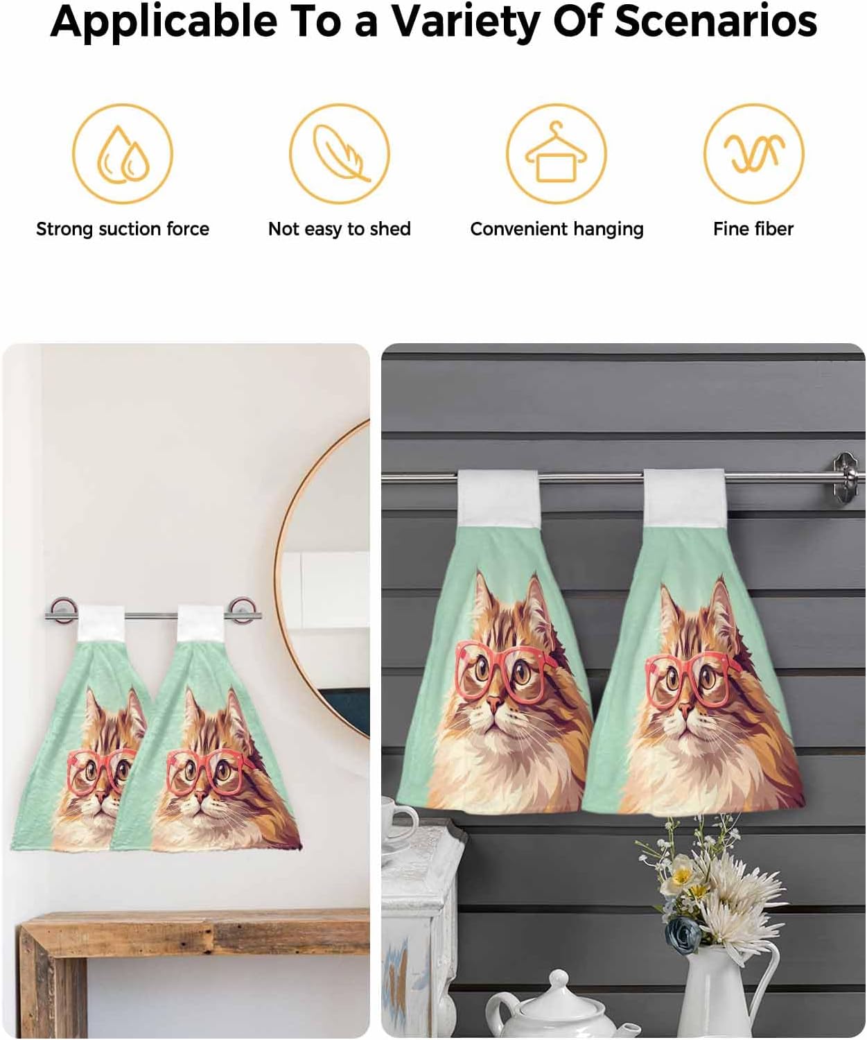 Green Cat Kitchen Hand Towels with Hanging Loops Set of 2 Funny Animals Modern Art Soft Thick Oven Fingertip Dry Microfiber Tie Dish Towel Absorbent Cleaning Washcloth for Bathroom Kitchen