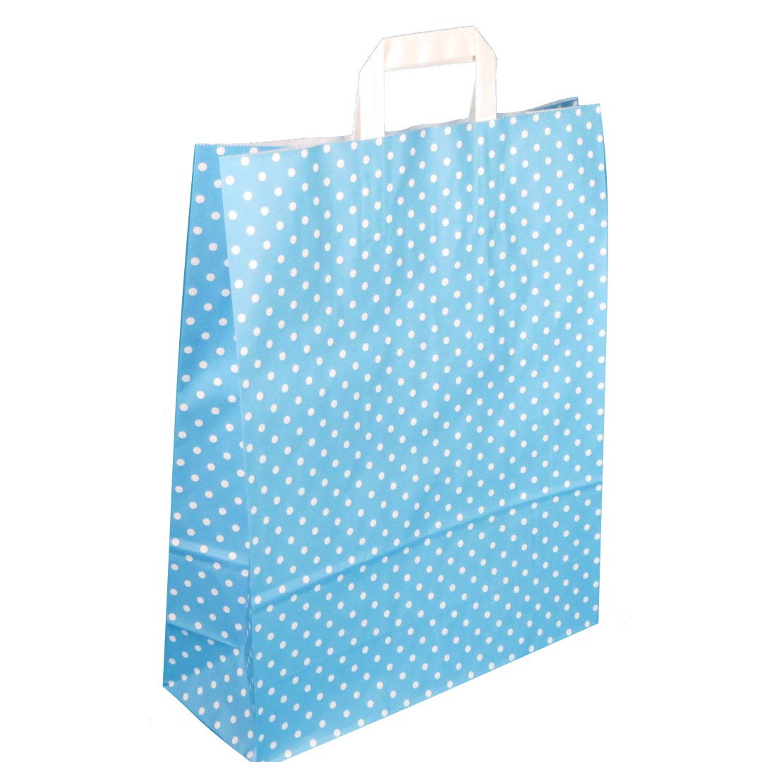 250 Papiertragetaschen 18+8x22cm Papiertüten Einkaufstüten Papier blau hellblau mit weißen Punkten, Motiv Punkte Pünktchen Polka Dots