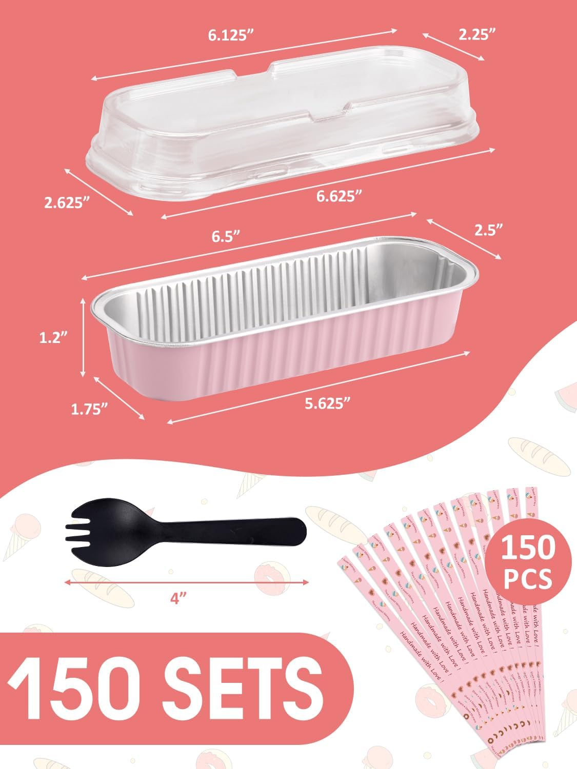 NEEBAKE 150 Pack 6.8 oz Disposable Mini Loaf Pans with Lids and Spoons - 6.5x2.5x1.2 Pink Aluminum Loaf Pans, Small Aluminum Tin Foil Baking Pan, Food Containers for Baking, Cakes, Bread, Loaves