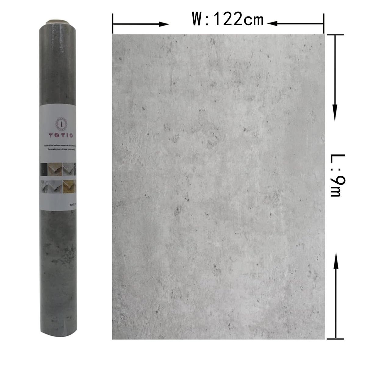 TOTIO 122 cm x 9 m, extraancho, gris claro, autoadhesivo, aspecto de hormigón, lámina adhesiva de vinilo para pared, resistente al agua, para muebles, estilo industrial, mate, grueso, extraíble, gris