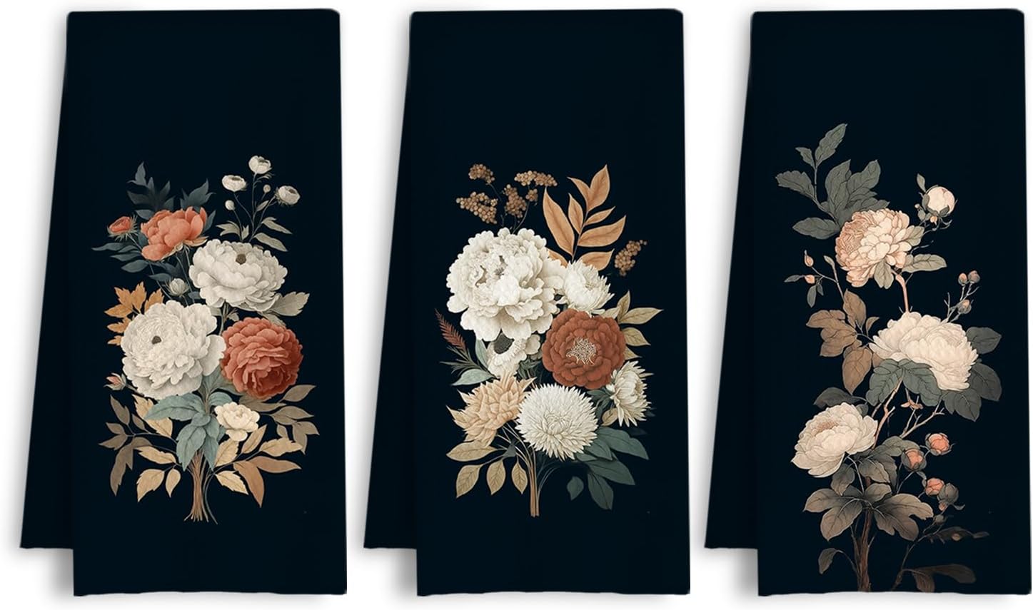 Vintage Peony Floral Kitchen Towels, Rustic Elegant Botanical Dish Tea Towels, Dark Cottagecore Peony Flower Decorative Hand Towel for Bathroom Kitchen, 16x24 Inch Set of 3