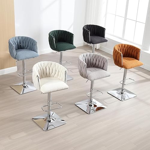 Miniatura 7 de Teddy - Juego de 2 taburetes de bar ajustables con respaldo tejido, taburete de isla de cocina tapizado con patas plateadas, taburetes de bar