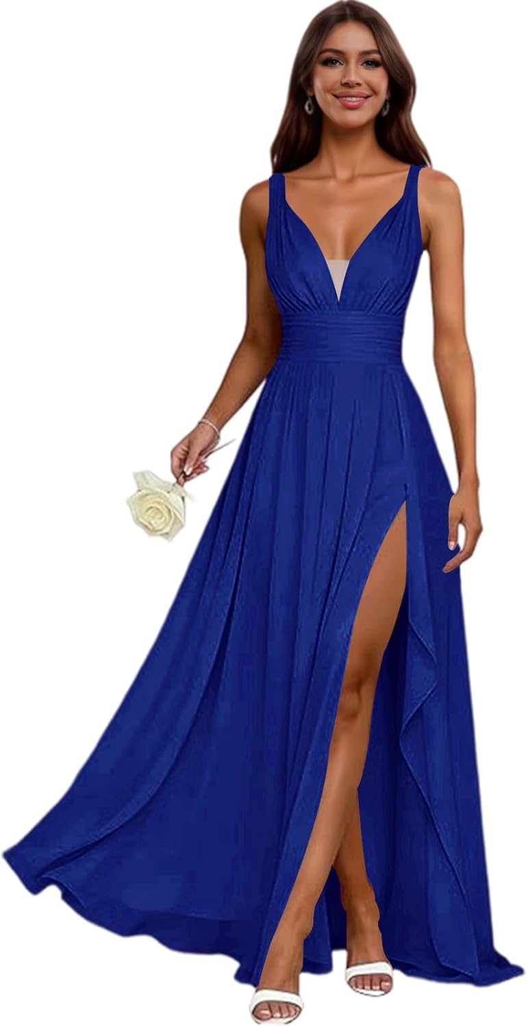 Chiffon Bridesmaid Dresses V Neck for Women A Line Spring Wedding Guest Dress Ruffle Long Evening Gowns with Slit