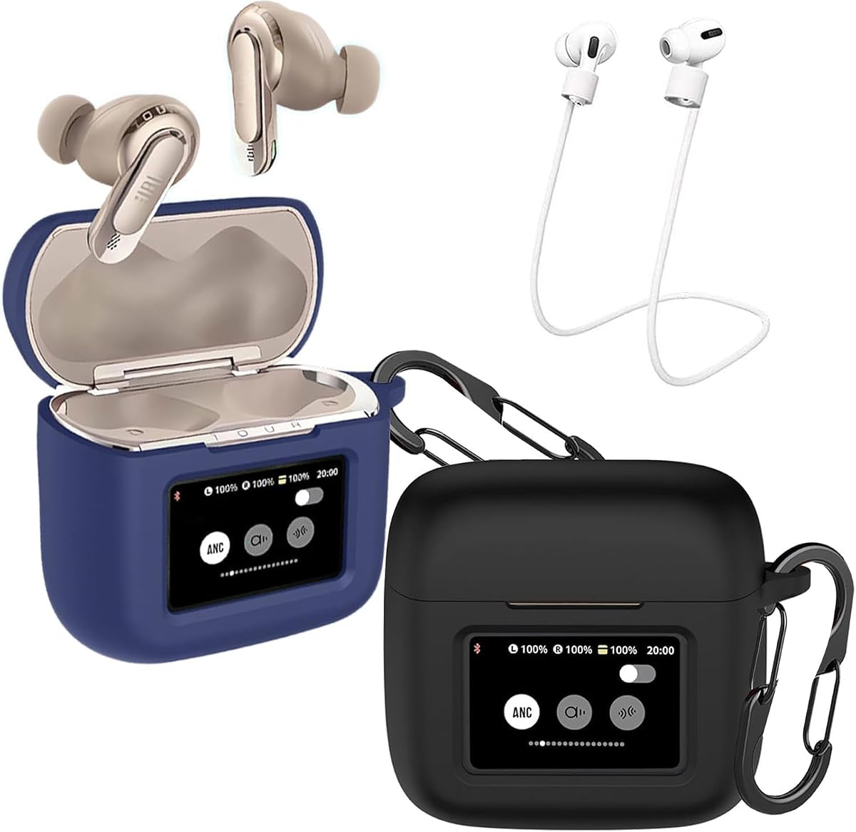 [2 Pack] easyBee Case Compatible with JBL Tour Pro 3 Charging Cover, with 2 Keychain and Anti-Lost Strap, Soft Liquid Silicone Ultra Thin Shockproof Protective Kit - Black and Blue