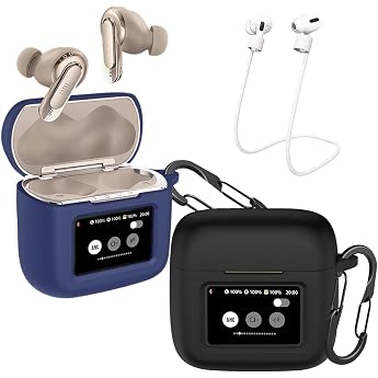 [2-Pack] easyBee Case Compatible with JBL Tour Pro 3 Earbuds with 2 Carabiner Anti-Lost Straps Liquid Silicone Case Shockproof Protective Case Bluetooth Headphones Bag - Black Blue