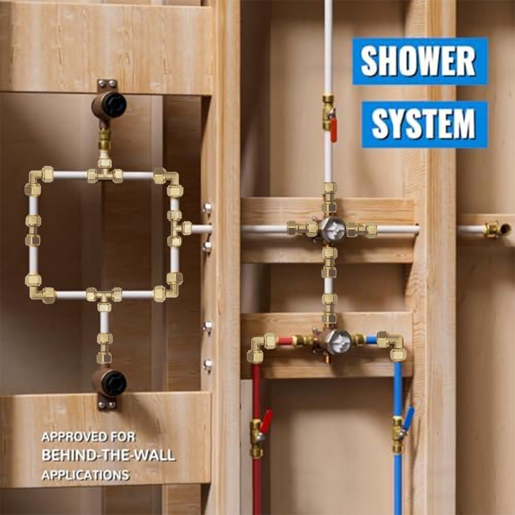 Kit de accesorios PEX de empuje con codos y tees de latón sin plomo para fontanería, compatible con múltiples tipos de tuberías certificados según las normas NSF ANSI 61