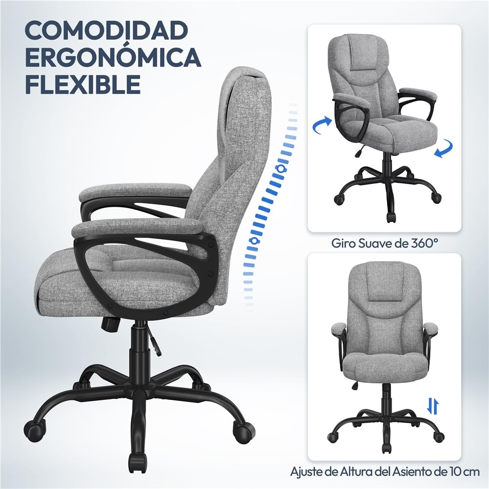 Yaheetech Silla de Oficina de Tela con Respaldo Alto Ergonómico Altura Ajustable Silla de Escritorio Ejecutiva Silla Giratoria Reclinable Sillón Gris