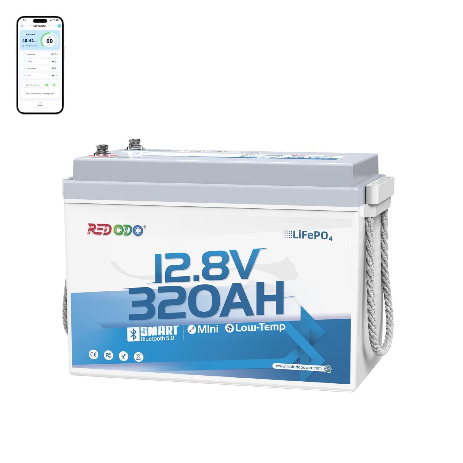 Redodo 12V 320Ah W190(1 PACK) Batteria LiFePO4 con Bluetooth 4096Wh Batteria Litio con BMS 200A Monitoraggio via APP per Camper/Barche/Cabine Off-Grid/Emergenze Domestiche