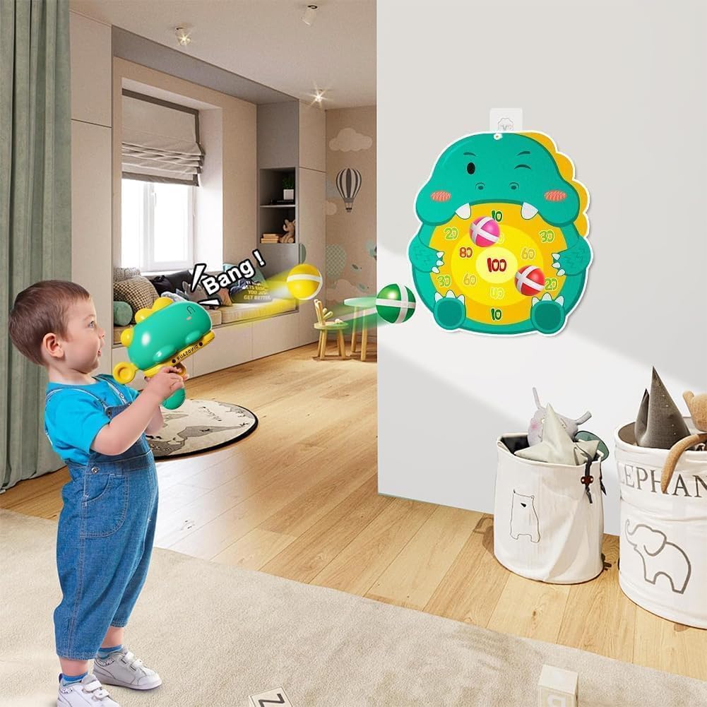 Gioco Freccette Bambini Dinosauro, Gioco di Tiro con Pistola Blaster Giocattolo per Freccette Bersaglio Giocattolo Pistola, 12 Palline Appiccicose, Giochi per Feste al Coperto e All'aperto
