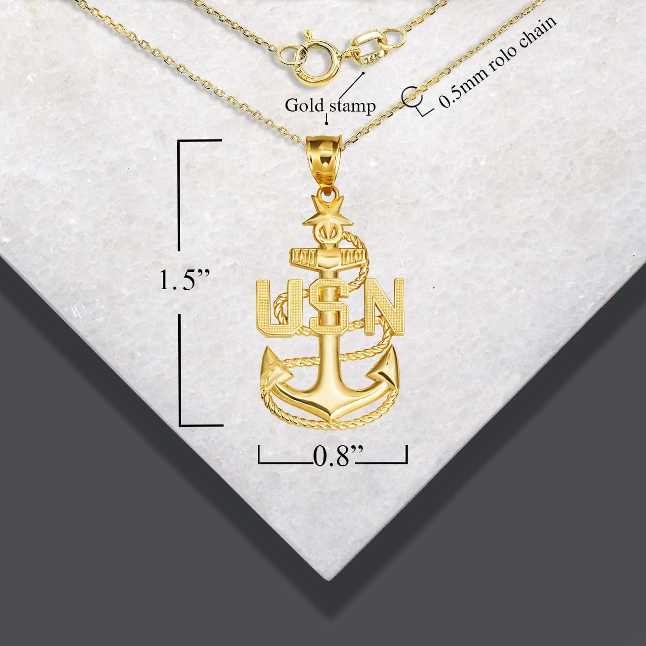 14K Yellow, White or Rose Gold 1-1/2” Officially Licensed United States Navy Fleet Senior Chief Petty Officer Anchor Emblem Pendant - Choice of Metal Color
