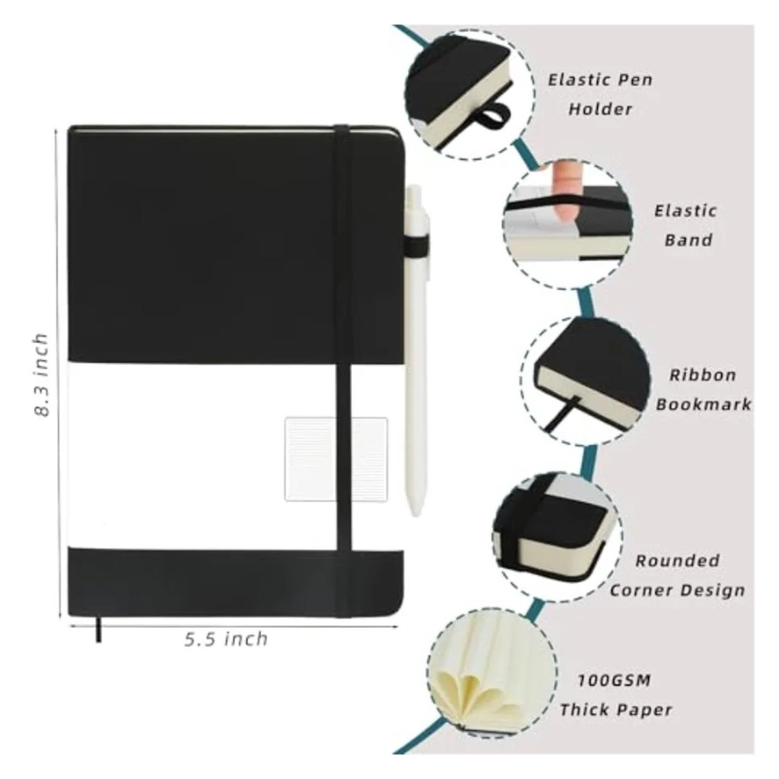 A5-Notizbuch mit Stiften, klassisches liniertes Hardcover-Leder-Set mit Stifthalter for Männer und Frauen, Schreiben, Büro, Zuhause(Black)