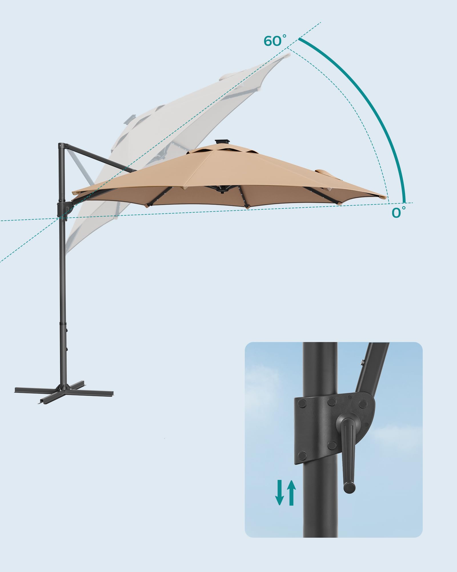 SONGMICS Parasol przeciwsłoneczny z oświetleniem solarnym LED, parasol ogrodowy, 32 diody LED, Ø 300 cm, ze stojakiem, ochrona przed promieniowaniem UV do UPF 50+, z korbą, do ogrodu, na taras