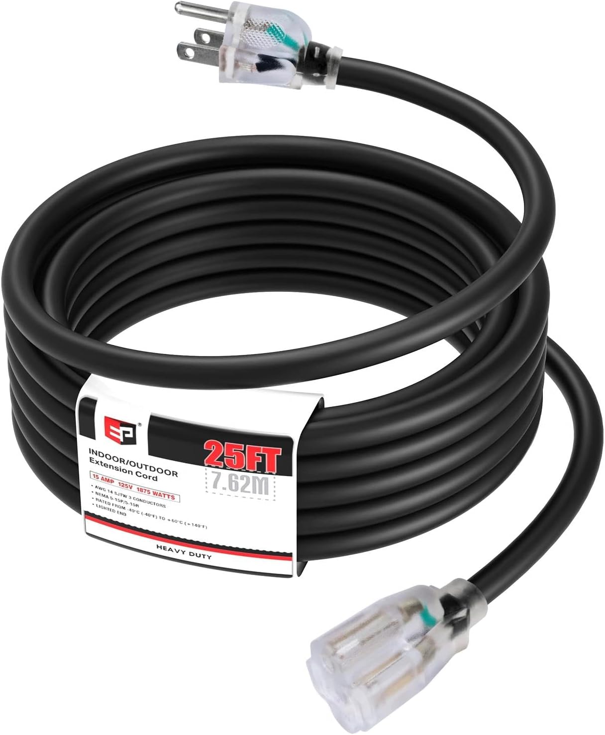 EP 25 Ft Lighted Outdoor Extension Cord, 14/3 SJTW Heavy Duty 1875W