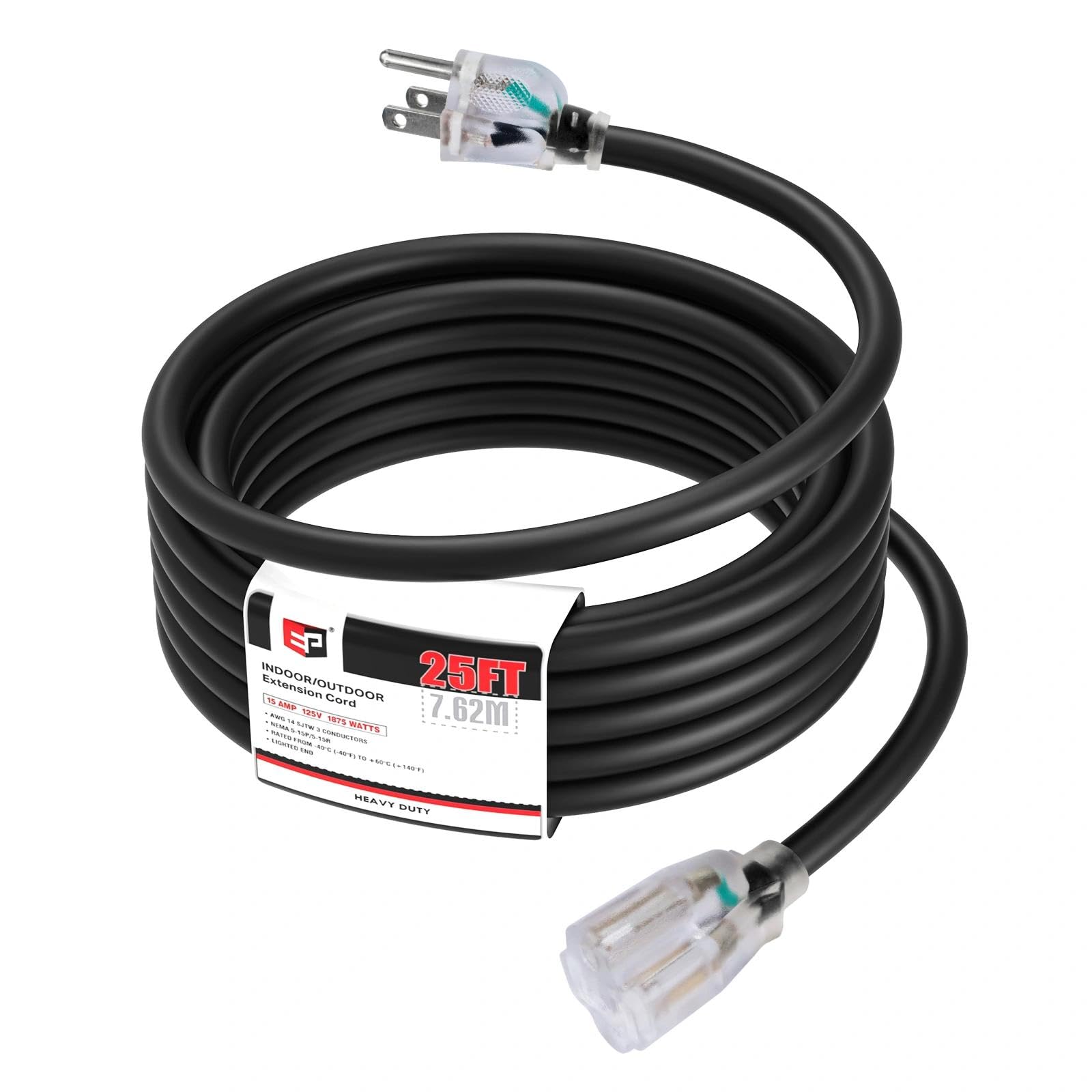 EP Cable de extensión de 25 pies 14/3 iluminado para exteriores, calibre 14, 3 clavijas, SJTW, cable de extensión negro resistente con enchufe de 3 clavijas para mayor seguridad, ideal para jardín y