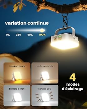Lampe De Camping Solaire Eventek 4000LM – Batterie 10000mAh, 144h D'autonomie, 4 Modes + Variation, IP65, Avec Mousqueton – Pour Tente, Urgence