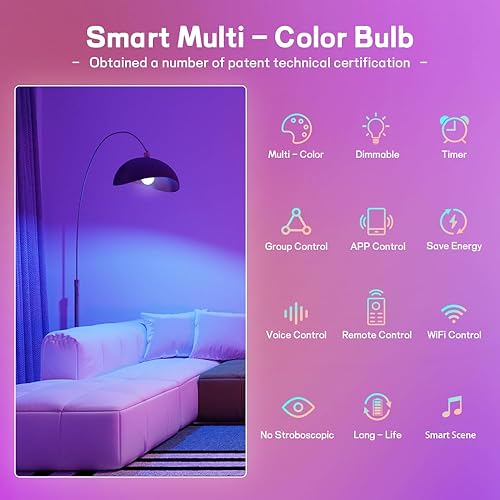Vista 8 de Bombillas inteligentes, bombilla LED regulable que cambia a todo color, compatible con Alexa y Google Assistant, certificado UL FCC, WiFi de 2.4