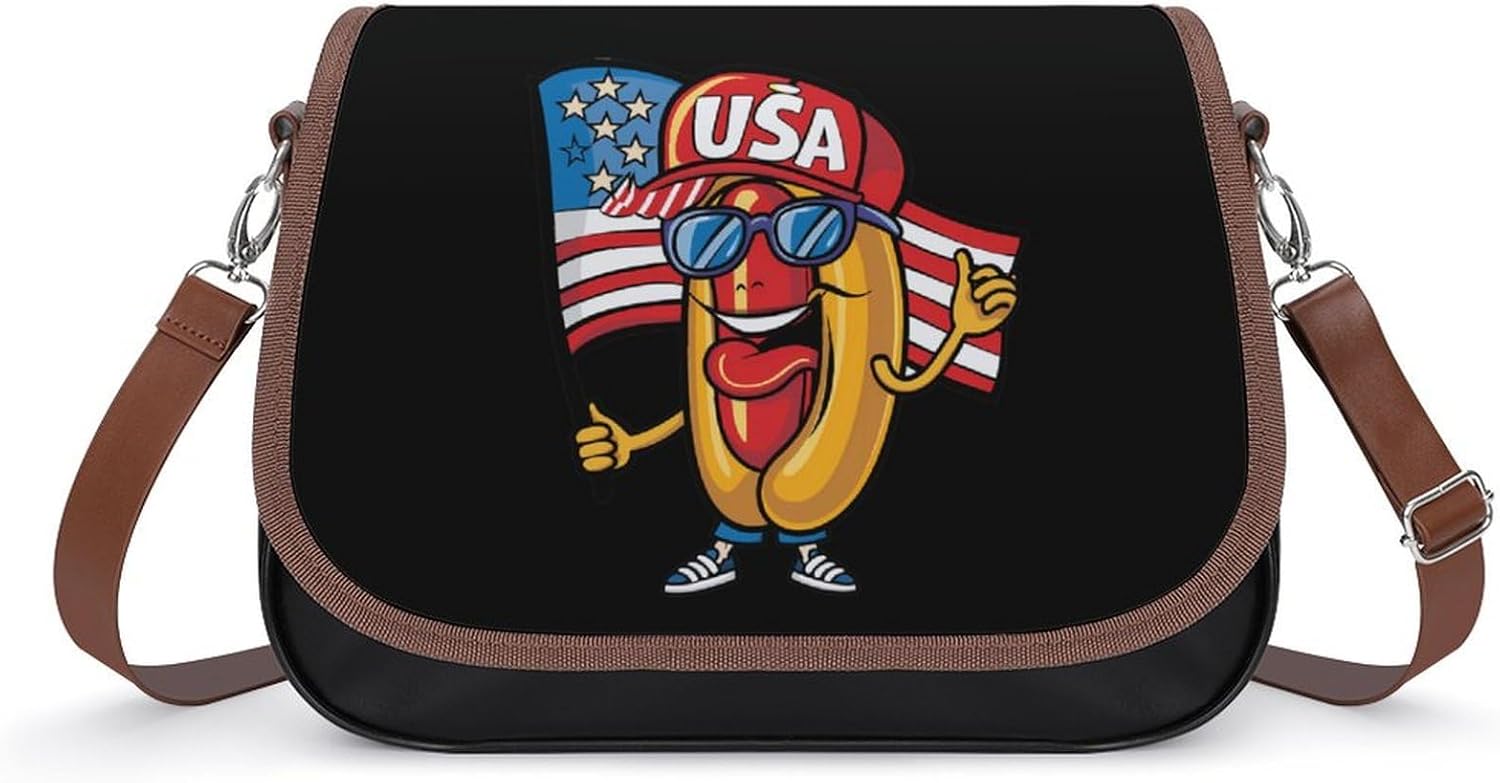 Hotdog Funny Fourth of July Patriotics USA Flag Messenger Bag for Women PU Leather Crossbody Bags Shoulder Handbags Purse