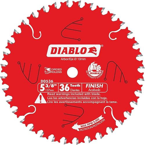 Diablo Finish Trim Saw Blade - 5-3/8" Diameter, 36 ATB Teeth, 10mm Arbor | Ideal for Portable and Low Powered Saws - .049" Kerf, 2° Hook Angle, 12000 Max RPM - D0536X