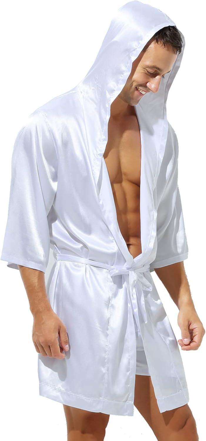 YUFEIDA Mens Satin Robe Silky Bathrobe with Shorts Lightweight Sleepwear Luxurious Pyjama Set Hooded Nightgown with Shorts