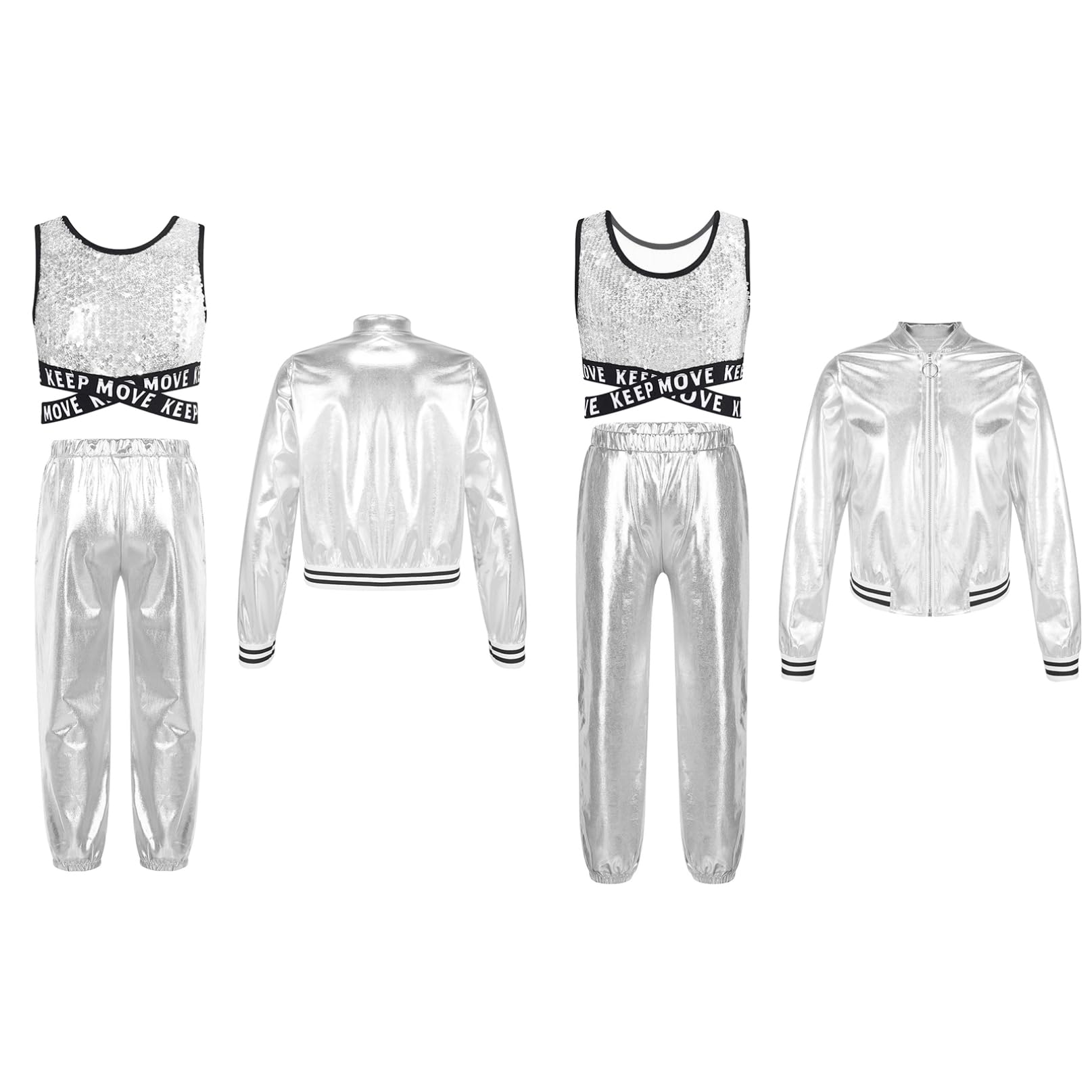 iiniim 3 Pezzi Tuta Sportiva Bambina Completo Costume da Ballo Moderno Lucido Crop Top Jacket con Zip + Pantaloni di Strada Jazz Hip-Hop Streetwear