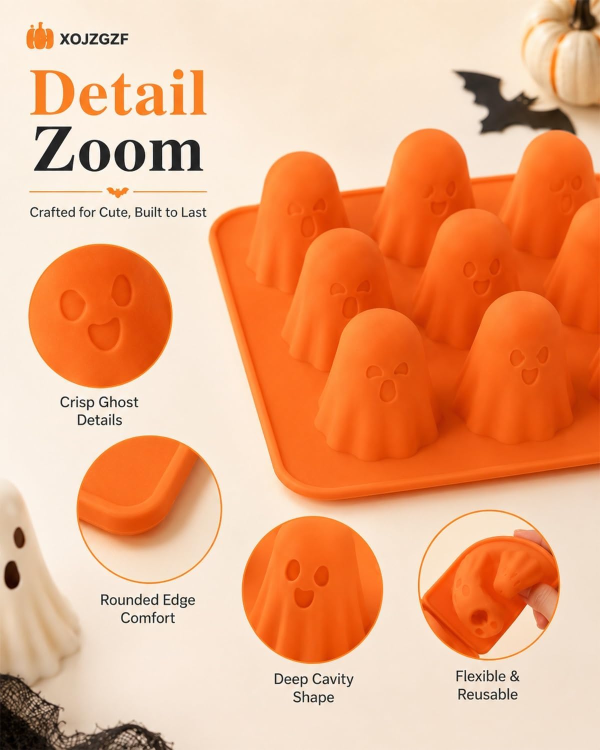 Ghost Jello - Molde de silicona 3D para hornear Halloween, 6 unidades x 8 cavidades | Silicona de grado alimenticio, antiadherente, dulces y chocolate, decoraciones de fiesta, mini bandeja de cubitos de hielo