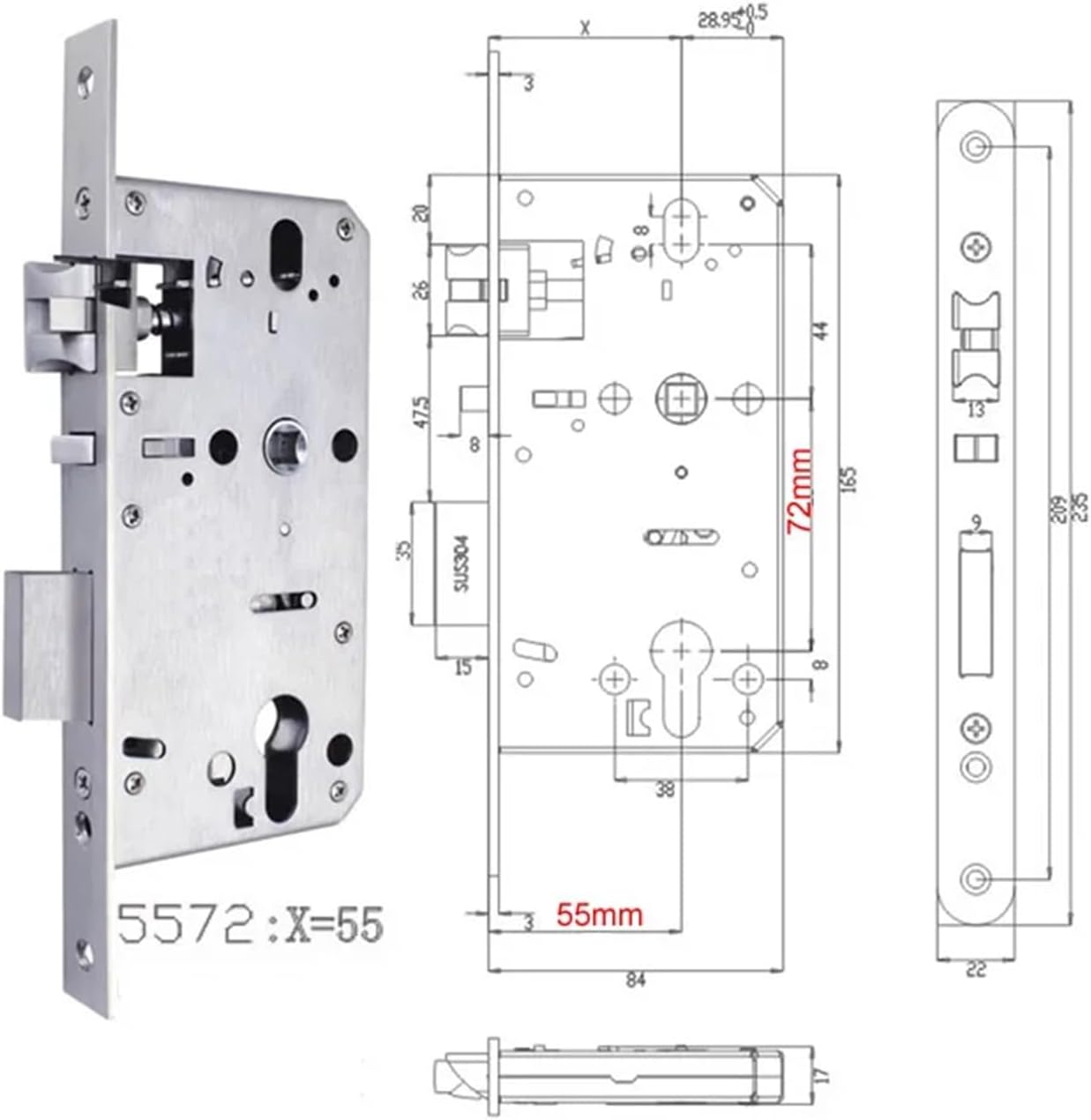 Stainless Steel Lock Body 5572 7255 Spacing 72mm Backset 55mm 1Pcs(Panel 24x235)