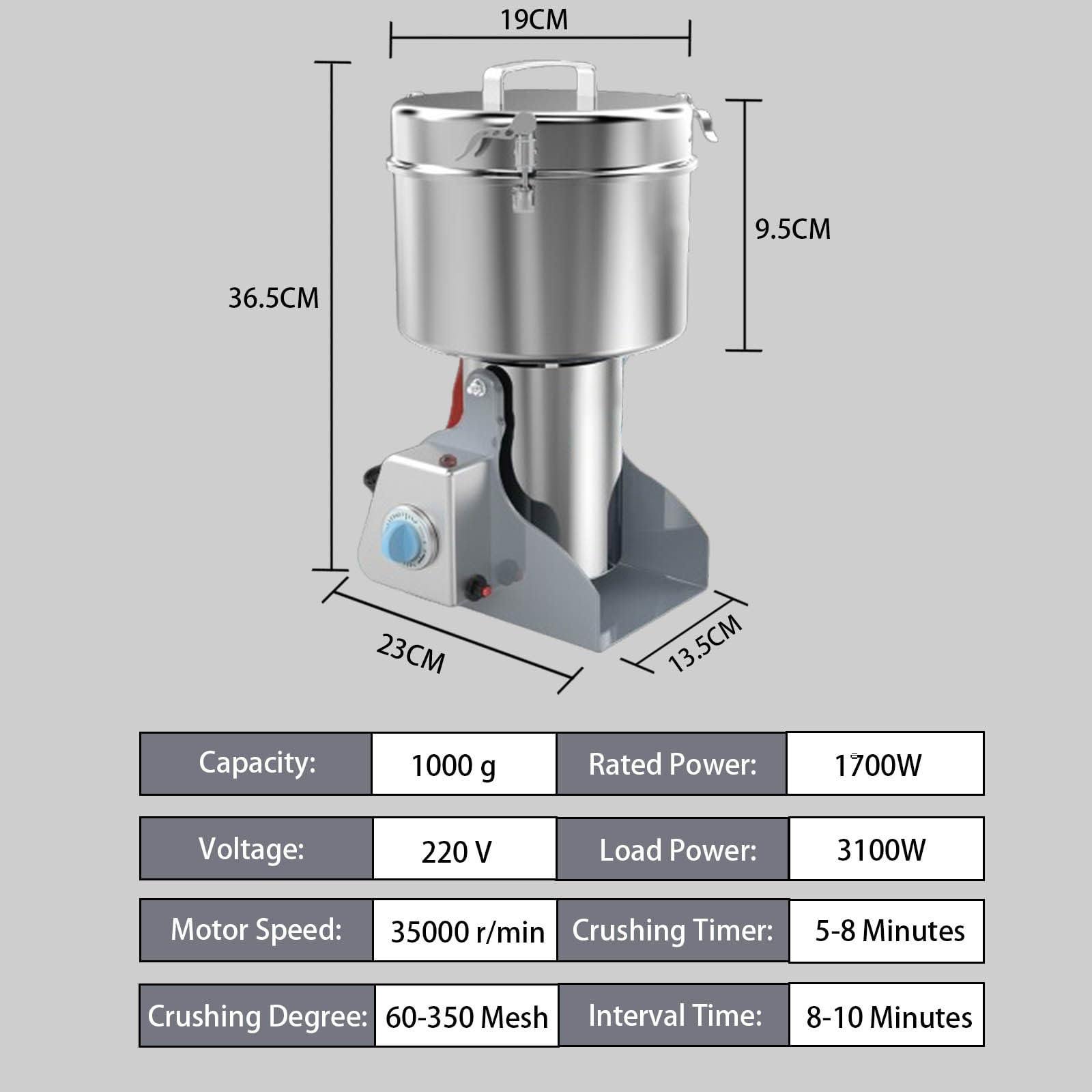 Młynek do przypraw, młynek do proszku zbożowego, stal nierdzewna 30s High Speed ​​​​Ultra Fine Grinding, do ziaren/ziół/przypraw/orzechów,1000g