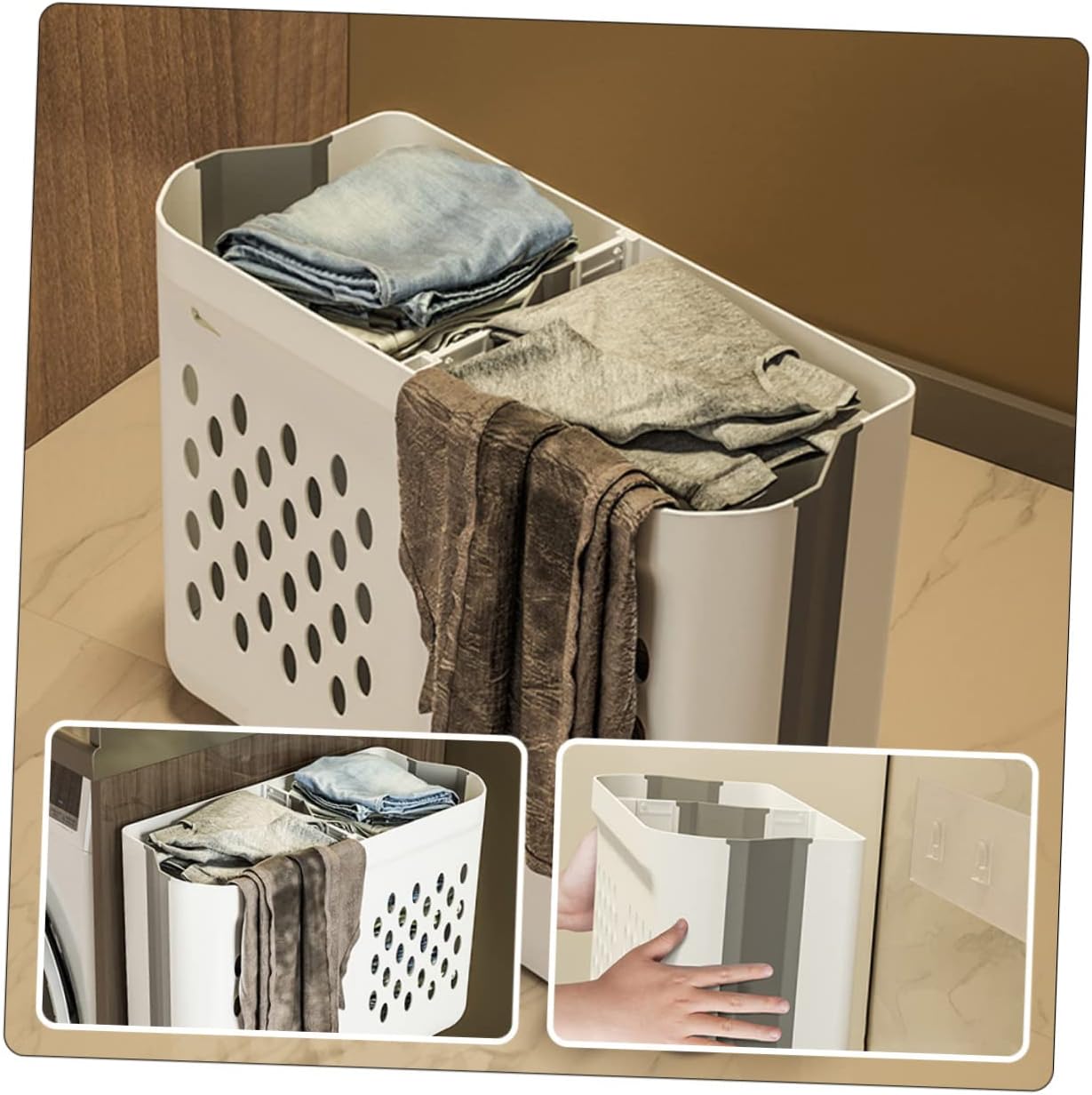 Foldable Laundry Basket Wall Mounted Double Compartment Hollow Clothes Hamper for Home Closet Storage Space Saving Dirty Clothes Organizer with Large Capacity
