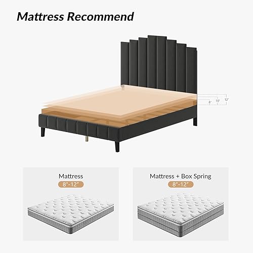 Miniatura 7 de HULALA HOME Base de cama tapizada tamaño Queen con patas centrales, marco de cama Queen de estilo contemporáneo con cabecera y soporte de listones