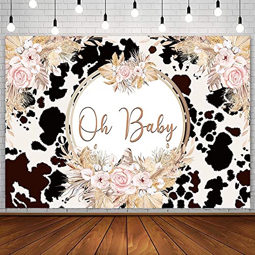 Aibiin 10X7Ft Boho Holy Cow Baby Shower Backdrop Oh Baby Black And White Cow Print Bohemia Pink Floral Pampas Grass Photography Background Farm Theme Party Decoration Banner Supplies Photo Studio Prop #TOP2