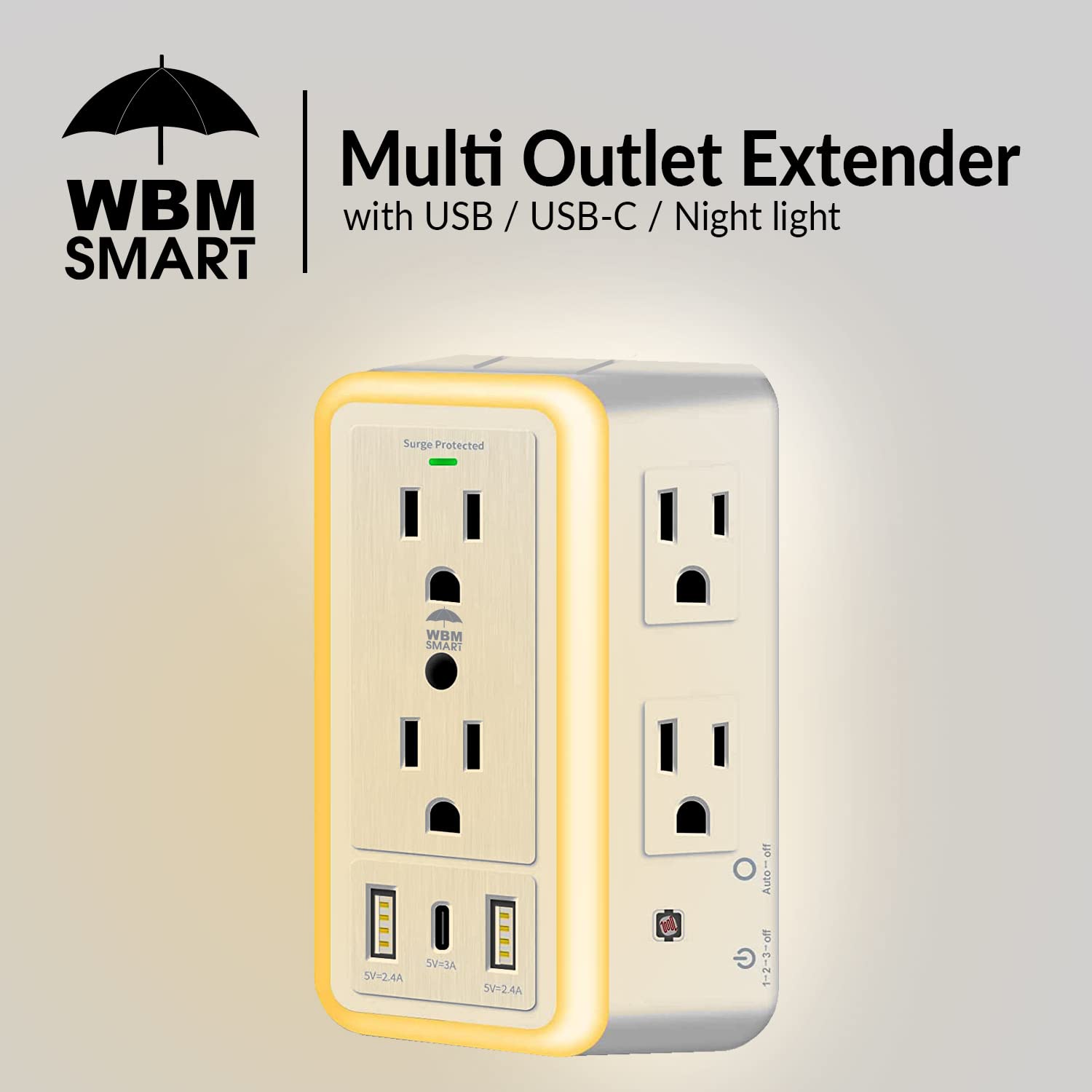 WBM SMART Multi Plug Outlet, Surge Protector, 6-Outlet Extender with 2 USB Charging Ports, USB-C & Night Light, 3-Sided Power Strip with Adapter Spaced Outlets - 2 Count, White : Industrial & Scientific
