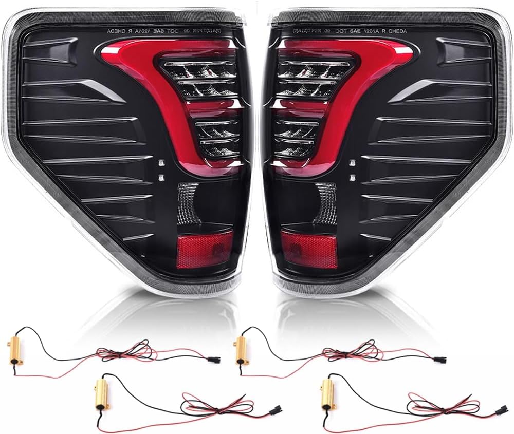 PIT66 LED Tail Lights,Compatible with Ford F150 2009-2014 Rear Light Lamp Assembly Clear Lens Black Housing Red Bar (w/Red Light Bar&wiring harness