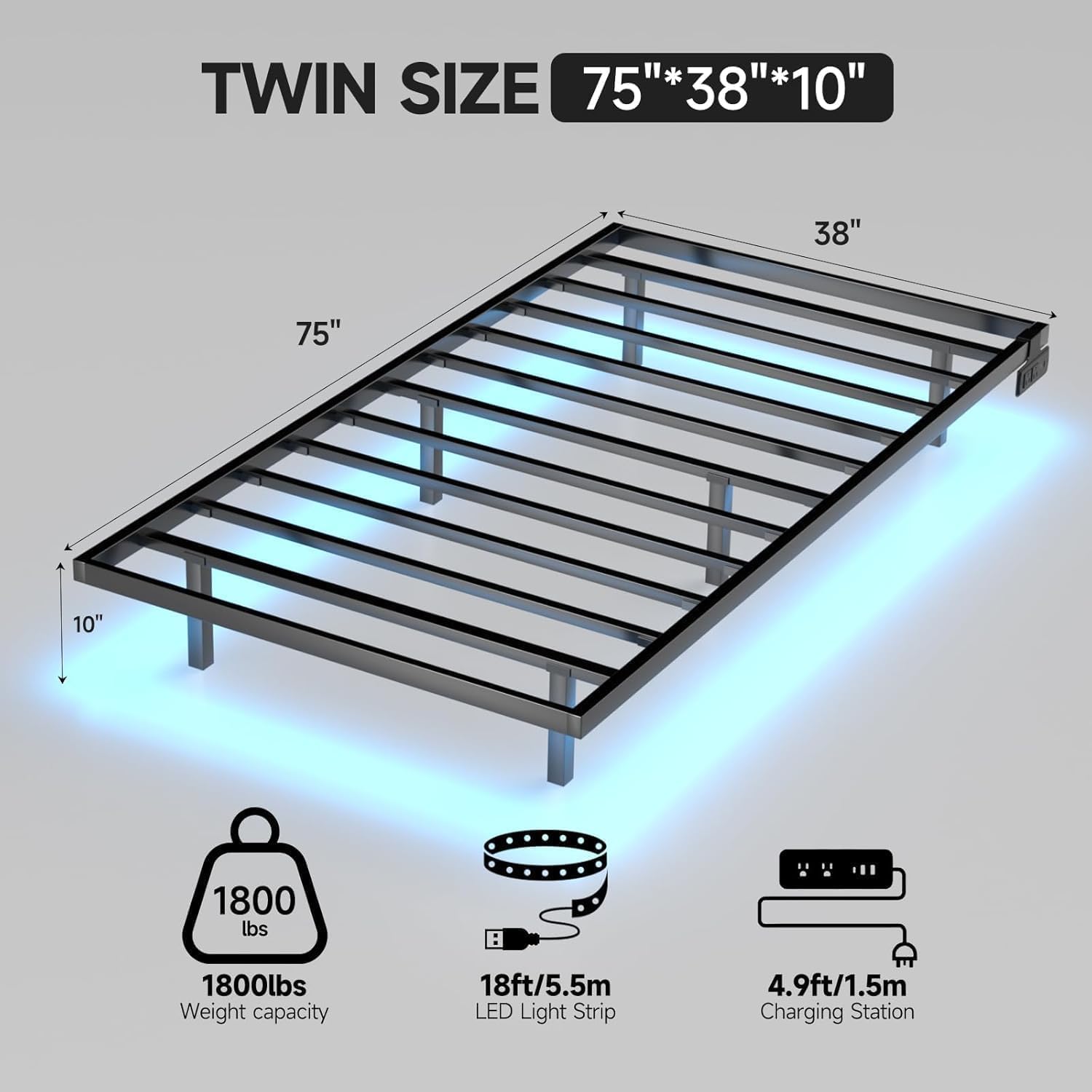 Floating Bed Frame Twin Size with LED Lights and Charging Station, Metal Platform Bed, Easy Assembly No Box Spring Needed