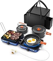 Hisencn 2-Burner Propane Camping Stove 20,000 BTU with Frying Pan, Kettle, Pot - Portable Outdoor Cooking Kit, Adjustable Flame, Piezo Ignition, Blue