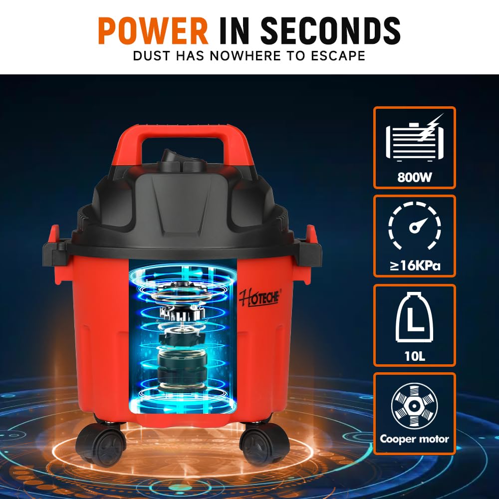 Hoteche Aspirador en seco y húmedo de 800 W, 10 L de capacidad, motor de alambre de cobre, recipiente de plástico, ideal para la familia y el taller