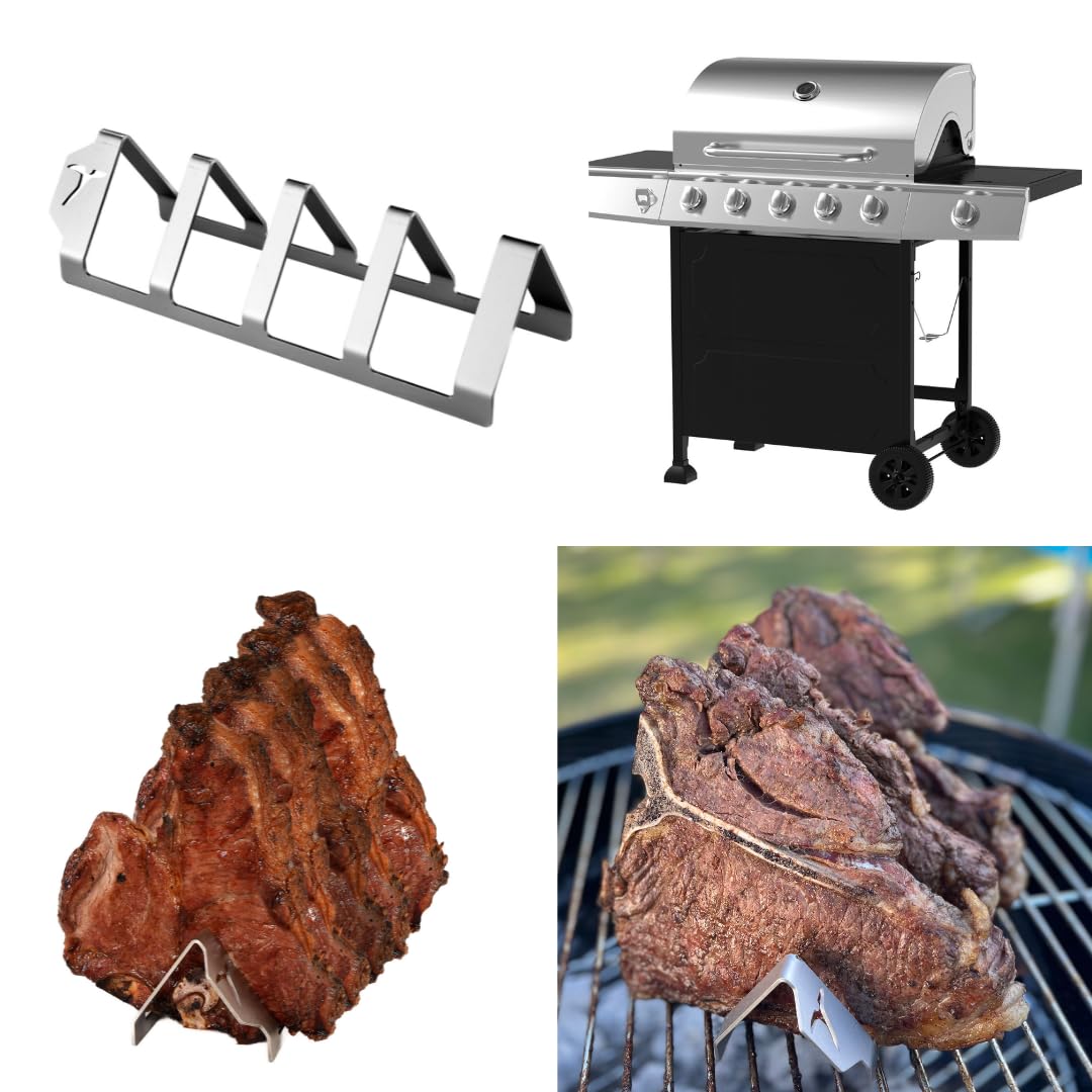 Tau BBQ & Grill Stainless Steel Rack Stand for Crisping up Fat on T-Bone, Steak, Ribs and Chops Without Overcooking Meat - Holds 4 Steaks of up to 1.5