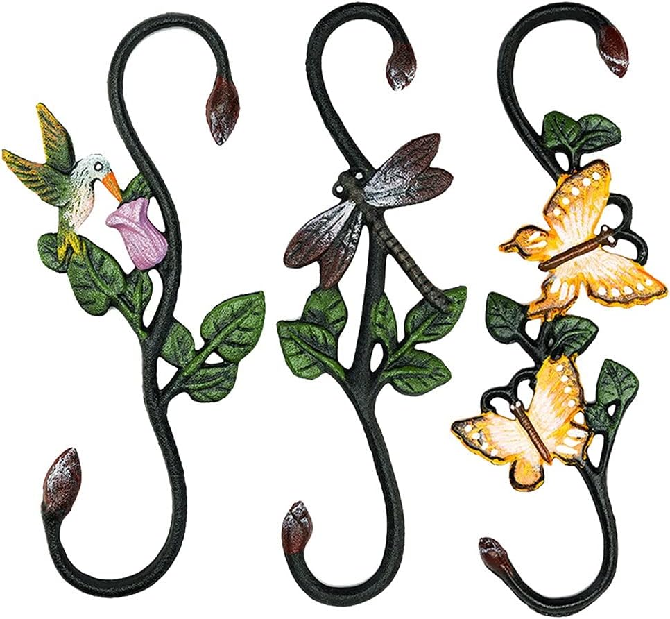 3 pc Hand Painted Cast Iron S Shaped Wall Hook in Leaves Butterfly Dragonfly Hummingbird Flower Basket Hanging Rack