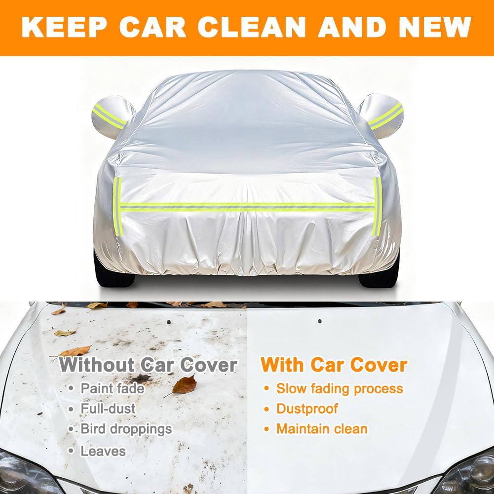Funda de Coche, Anti-UV Resistente al Polvo Rasguño Nieve Sol al Aire Libre, Funda Protectora para Coche Universal con Bolsa de Almacenamiento, Forro Algodón & Diseño con Cremallera Lateral