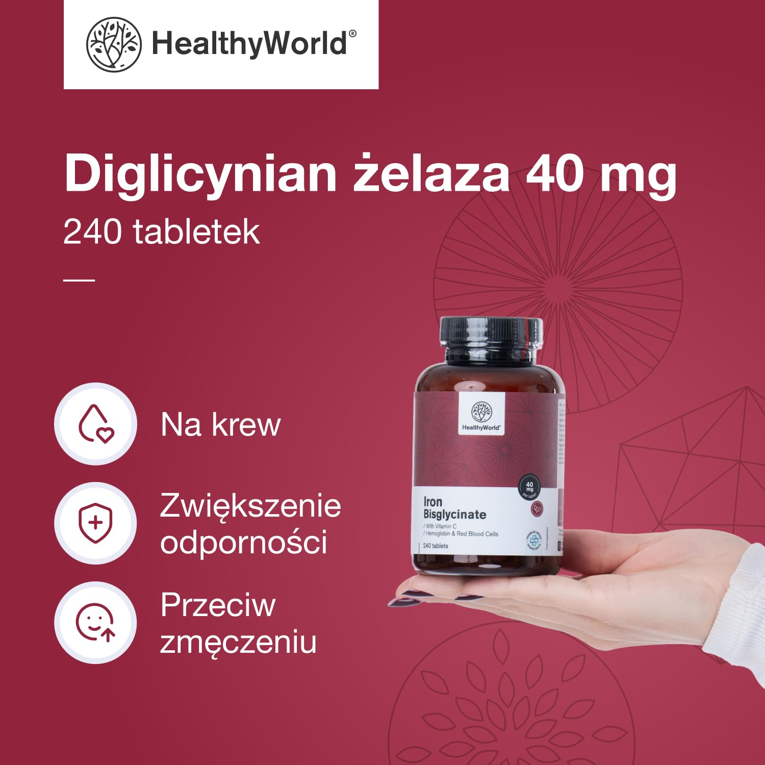 HealthyWorld Diglicynian żelaza 40 mg - Z Witaminą C - 240 Tabletek - 8-miesięczny Zapas - Bez GMO i Bez Sztucznych Barwników - 40 mg Żelaza, 40 mg Witaminy C - Najlepsza Jakość