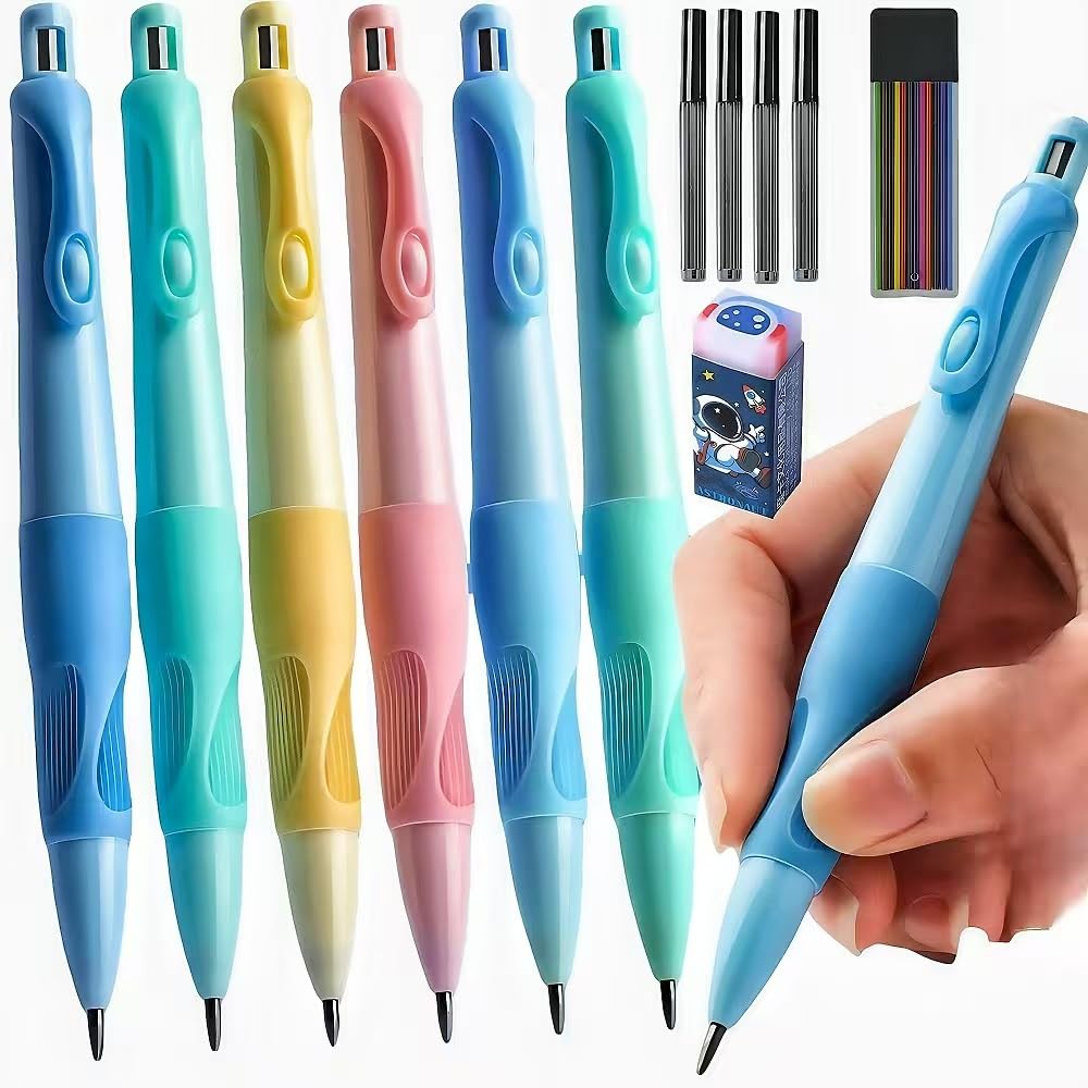 Inclock Handwriting thick mechanical pencils with grip: 2.0MM HB Pencil for kids with 14 leads (6 pack)